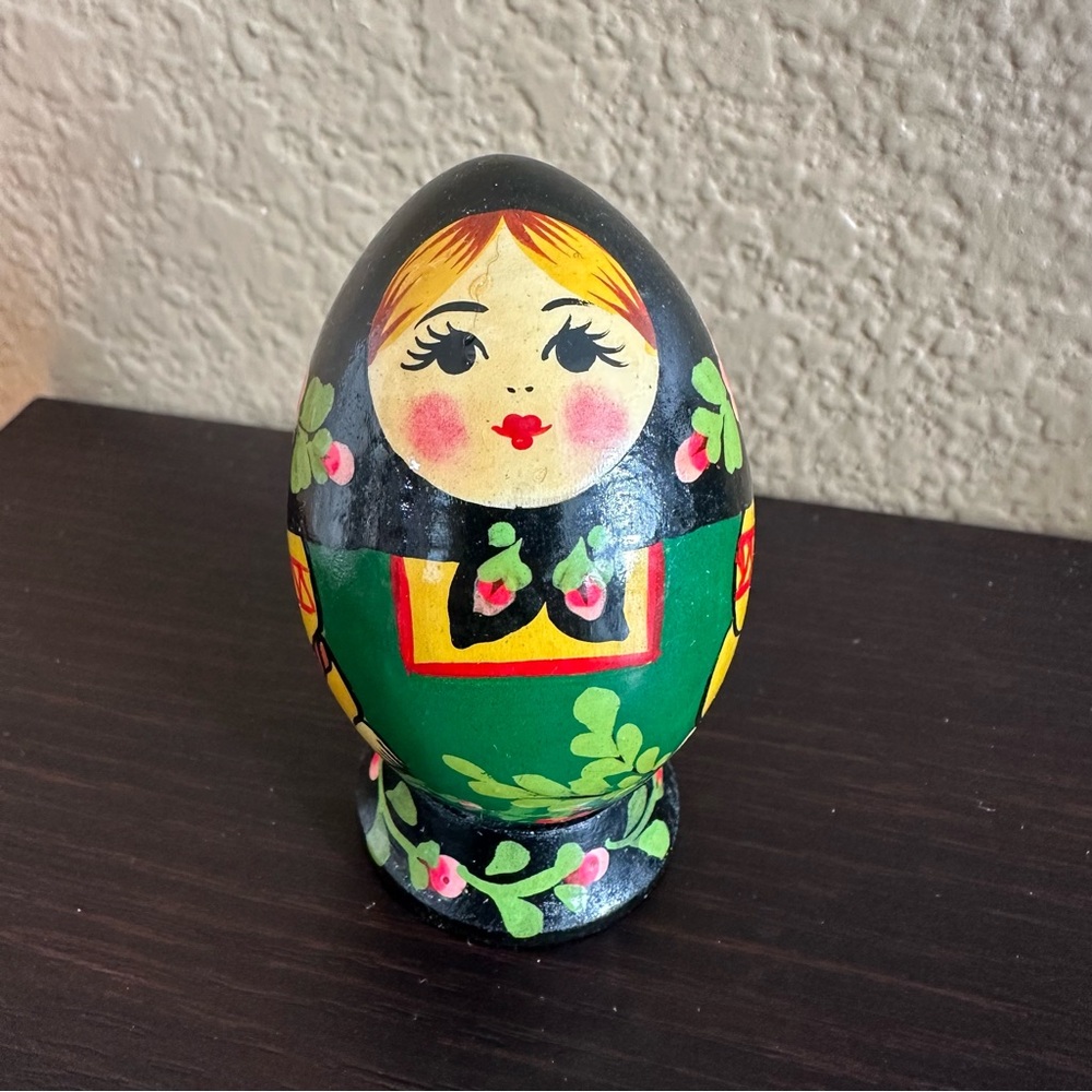 Hand Painted Russian Doll Egg on a stand wood